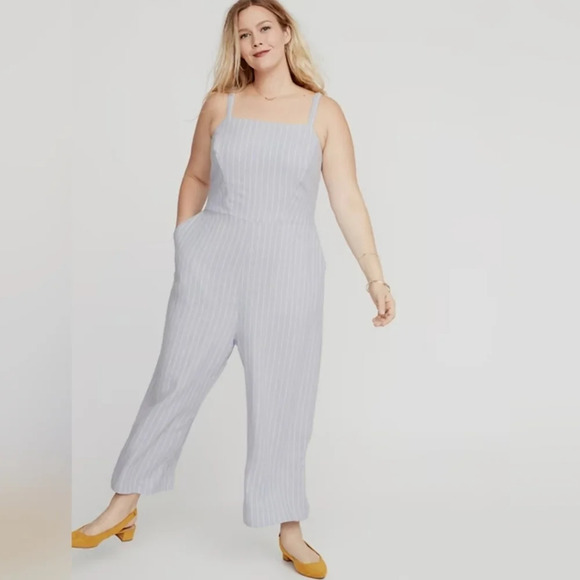 Linen blend sleevless cropped jumpsuit wide leg chambray blue white Stripes L - Picture 1 of 7